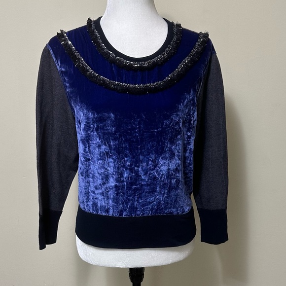 J Crew Black Label Blue Crush Velvet Beads Silver Tinsel Fringe Pullover Top S/M - Picture 3 of 15